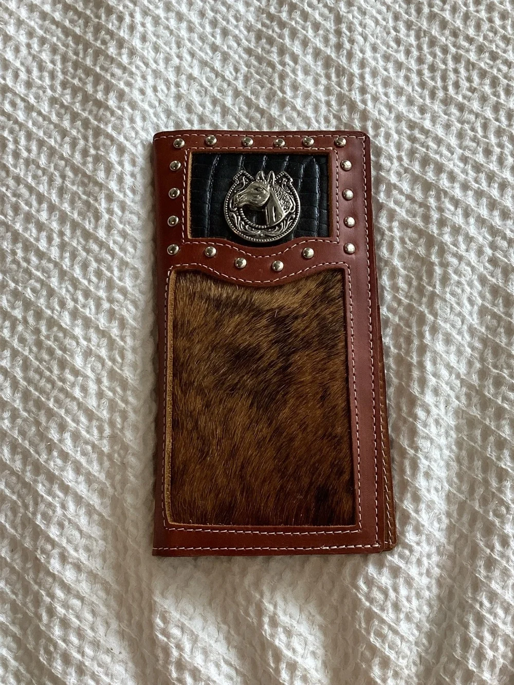 Men's Brown Hair-on Leather Western Wallet with Horse Emblem